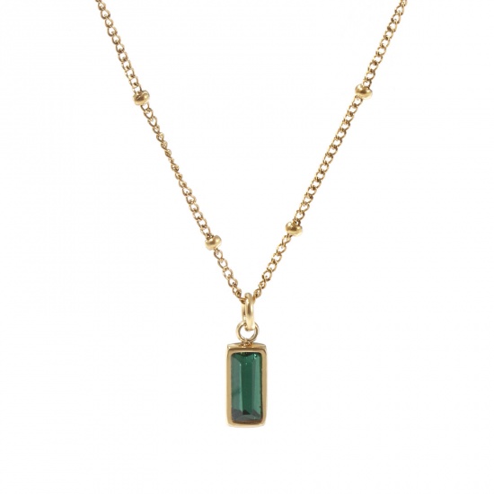 Picture of 1 Piece Eco-friendly PVD Vacuum Plating Exquisite Birthstone 18K Real Gold Plated Emerald 304 Stainless Steel & Cubic Zirconia Curb Link Chain Rectangle May Pendant Charm Necklace For Women Gift 45cm(17.7") + 5cm(2") long