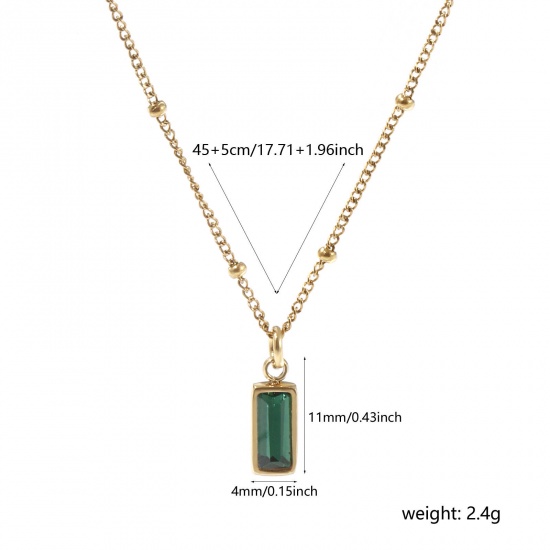 Picture of 1 Piece Eco-friendly PVD Vacuum Plating Exquisite Birthstone 18K Real Gold Plated Emerald 304 Stainless Steel & Cubic Zirconia Curb Link Chain Rectangle May Pendant Charm Necklace For Women Gift 45cm(17.7") + 5cm(2") long