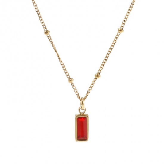 Picture of 1 Piece Eco-friendly PVD Vacuum Plating Exquisite Birthstone 18K Real Gold Plated Red 304 Stainless Steel & Cubic Zirconia Curb Link Chain Rectangle July Pendant Charm Necklace For Women Gift 45cm(17.7") + 5cm(2") long
