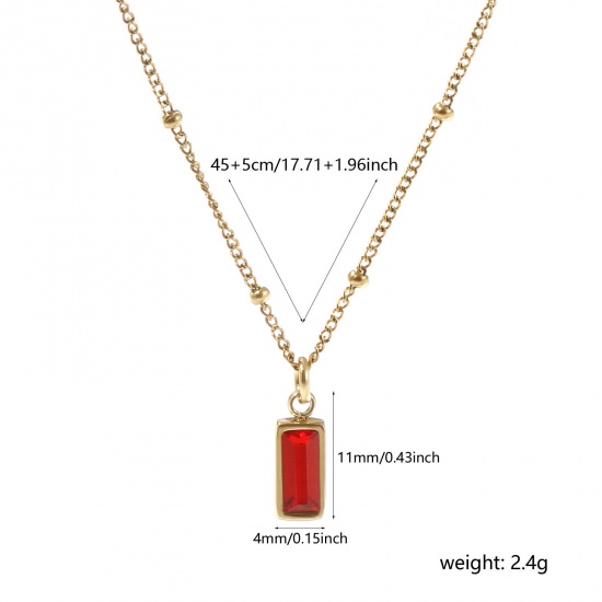 Picture of 1 Piece Eco-friendly PVD Vacuum Plating Exquisite Birthstone 18K Real Gold Plated Red 304 Stainless Steel & Cubic Zirconia Curb Link Chain Rectangle July Pendant Charm Necklace For Women Gift 45cm(17.7") + 5cm(2") long