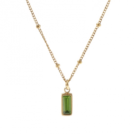 Picture of 1 Piece Eco-friendly PVD Vacuum Plating Exquisite Birthstone 18K Real Gold Plated Olive Green 304 Stainless Steel & Cubic Zirconia Curb Link Chain Rectangle August Pendant Charm Necklace For Women Gift 45cm(17.7") + 5cm(2") long