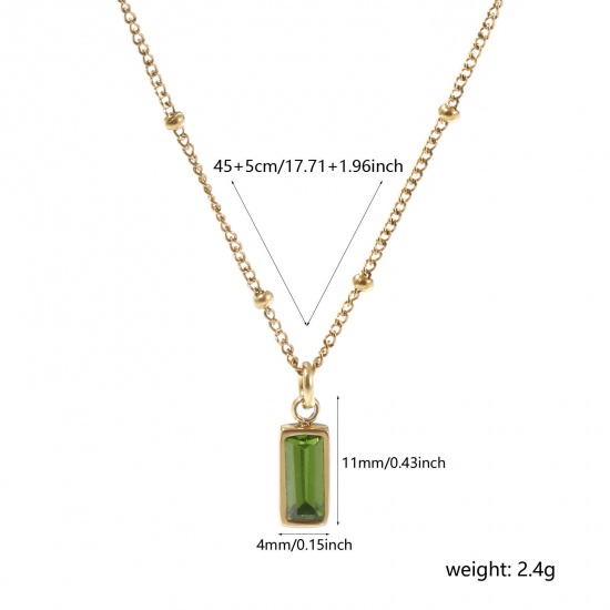 Picture of 1 Piece Eco-friendly PVD Vacuum Plating Exquisite Birthstone 18K Real Gold Plated Olive Green 304 Stainless Steel & Cubic Zirconia Curb Link Chain Rectangle August Pendant Charm Necklace For Women Gift 45cm(17.7") + 5cm(2") long