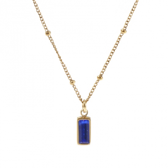 Picture of 1 Piece Eco-friendly PVD Vacuum Plating Exquisite Birthstone 18K Real Gold Plated Royal Blue 304 Stainless Steel & Cubic Zirconia Curb Link Chain Rectangle September Pendant Charm Necklace For Women Gift 45cm(17.7") + 5cm(2") long