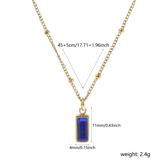 Picture of 1 Piece Eco-friendly PVD Vacuum Plating Exquisite Birthstone 18K Real Gold Plated Royal Blue 304 Stainless Steel & Cubic Zirconia Curb Link Chain Rectangle September Pendant Charm Necklace For Women Gift 45cm(17.7") + 5cm(2") long