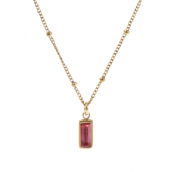 Picture of 1 Piece Eco-friendly PVD Vacuum Plating Exquisite Birthstone 18K Real Gold Plated Fuchsia 304 Stainless Steel & Cubic Zirconia Curb Link Chain Rectangle October Pendant Charm Necklace For Women Gift 45cm(17.7") + 5cm(2") long