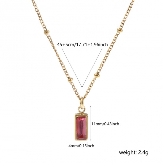 Picture of 1 Piece Eco-friendly PVD Vacuum Plating Exquisite Birthstone 18K Real Gold Plated Fuchsia 304 Stainless Steel & Cubic Zirconia Curb Link Chain Rectangle October Pendant Charm Necklace For Women Gift 45cm(17.7") + 5cm(2") long