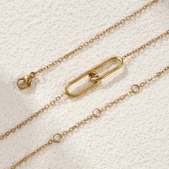 Picture of 1 Piece Eco-friendly PVD Vacuum Plating Stylish Simple 18K Real Gold Plated 304 Stainless Steel Link Cable Chain Oval Hollow Pendant Charm Necklace Unisex Gift 42cm(16.5") + 8cm(3.1") long
