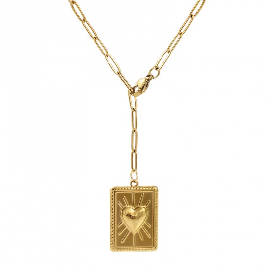 Image de 1 Pièce Collier à Pendentif Chaîne de Trombone Élégant en 304 Acier Inoxydable Placage Sous Vide Écologique Élégant Plaqué Or 18K Rectangle Coeur de Ex-Voto Pour Femmes Cadeau 60cm long