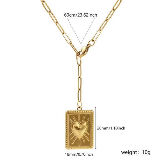 Image de 1 Pièce Collier à Pendentif Chaîne de Trombone Élégant en 304 Acier Inoxydable Placage Sous Vide Écologique Élégant Plaqué Or 18K Rectangle Coeur de Ex-Voto Pour Femmes Cadeau 60cm long