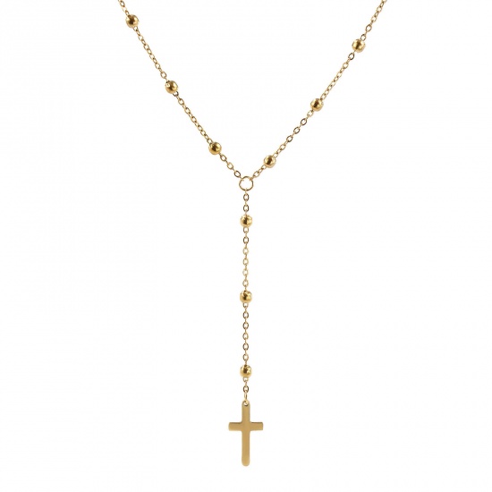 Picture of 1 Piece Eco-friendly PVD Vacuum Plating Exquisite Religious 18K Real Gold Plated 304 Stainless Steel Link Cable Chain Cross Prayer Beads Rosary Necklace Unisex Gift 40cm(15.7") + 5cm(2") long