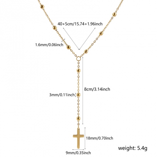 Picture of 1 Piece Eco-friendly PVD Vacuum Plating Exquisite Religious 18K Real Gold Plated 304 Stainless Steel Link Cable Chain Cross Prayer Beads Rosary Necklace Unisex Gift 40cm(15.7") + 5cm(2") long