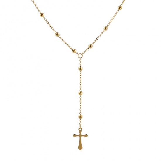 Picture of 1 Piece Eco-friendly PVD Vacuum Plating Exquisite Religious 18K Real Gold Plated 304 Stainless Steel Link Cable Chain Cross Prayer Beads Rosary Necklace Unisex Gift 40cm(15.7") + 5cm(2") long