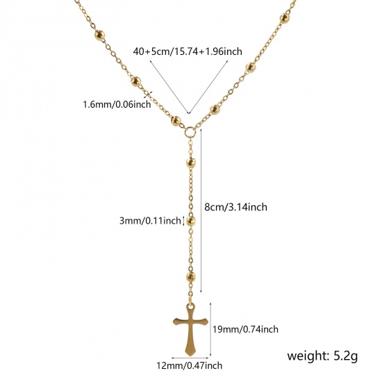 Picture of 1 Piece Eco-friendly PVD Vacuum Plating Exquisite Religious 18K Real Gold Plated 304 Stainless Steel Link Cable Chain Cross Prayer Beads Rosary Necklace Unisex Gift 40cm(15.7") + 5cm(2") long