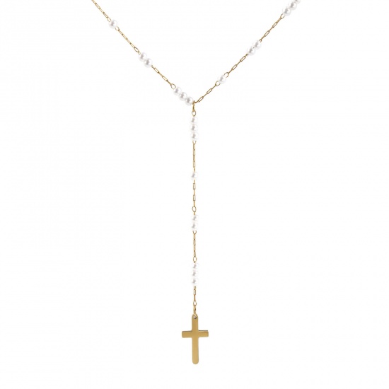Picture of 1 Piece Eco-friendly PVD Vacuum Plating Exquisite Religious 18K Real Gold Plated 304 Stainless Steel Link Cable Chain Cross Imitation Pearl Prayer Beads Rosary Necklace Unisex Gift 40cm(15.7") + 5cm(2") long