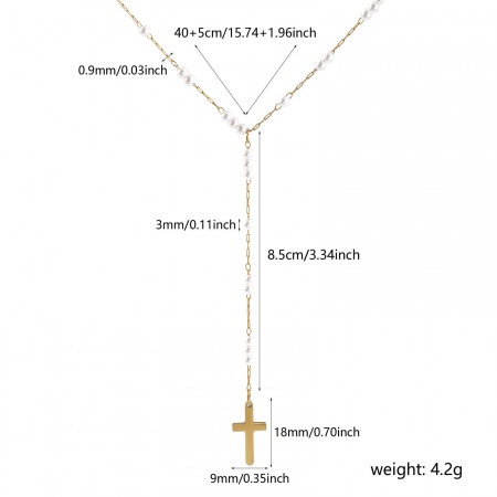 Picture of Wholesale Cross Imitation Pearl Prayer Beads Rosary Necklace, 18K Real Gold Plated 304 Stainless Steel Link Cable Chain, Women's Eco-friendly PVD Vacuum Plating Waterproof Anti-Tarnish Hypoallergenic Religious Exquisite Gift Jewelry For Retailer, 40cm(15.7") + 5cm(2") long, 1 Piece