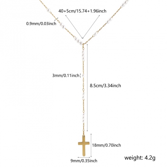 Picture of 1 Piece Eco-friendly PVD Vacuum Plating Exquisite Religious 18K Real Gold Plated 304 Stainless Steel Link Cable Chain Cross Imitation Pearl Prayer Beads Rosary Necklace Unisex Gift 40cm(15.7") + 5cm(2") long
