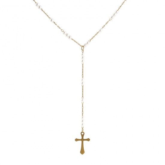 Picture of 1 Piece Eco-friendly PVD Vacuum Plating Exquisite Religious 18K Real Gold Plated 304 Stainless Steel Link Cable Chain Cross Imitation Pearl Prayer Beads Rosary Necklace Unisex Gift 40cm(15.7") + 5cm(2") long