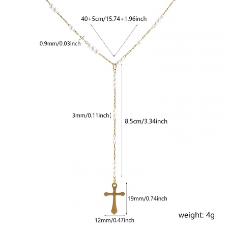 Image de Collier Chapelet de Perles de Prière En Gros Plaqué Or Véritable 18K en 304 Acier Inoxydable, Croix Imitation Perles Chaîne Maille Forçat, aux Femmes Placage Sous Vide PVD Écologique Imperméable Anti-ternissement Hypoallergénique Religieux Exquis Cadeau Bijoux pour Détaillants 40cm + 5cm long, 1 Piè
