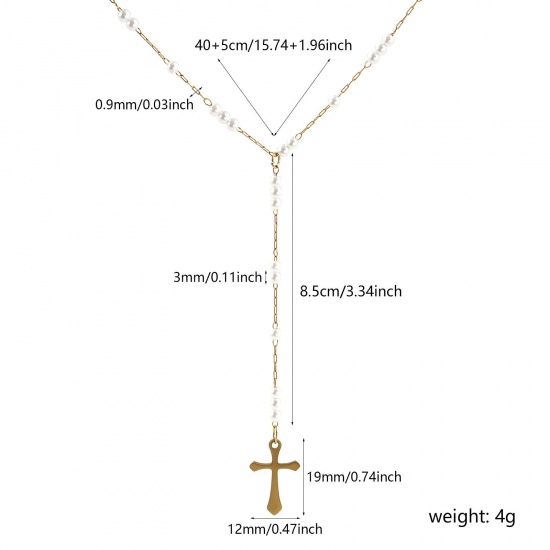 Picture of 1 Piece Eco-friendly PVD Vacuum Plating Exquisite Religious 18K Real Gold Plated 304 Stainless Steel Link Cable Chain Cross Imitation Pearl Prayer Beads Rosary Necklace Unisex Gift 40cm(15.7") + 5cm(2") long