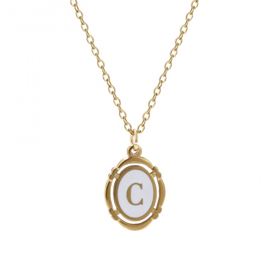 Bild von 1 Strang Umweltfreundliche PVD-Vakuumbeschichtung Stilvoll 18K Vergoldet Weiß 304 Edelstahl Kreuz Gliederketten Oval Anfangsbuchstabe/ Großbuchstabe Message " C " Emaille Anhänger Halskette Unisex 45cm + 5cm lang