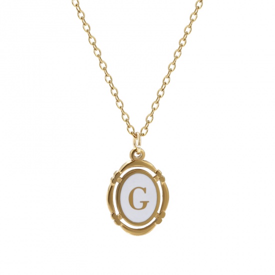 Bild von 1 Strang Umweltfreundliche PVD-Vakuumbeschichtung Stilvoll 18K Vergoldet Weiß 304 Edelstahl Kreuz Gliederketten Oval Anfangsbuchstabe/ Großbuchstabe Message " G " Emaille Anhänger Halskette Unisex 45cm + 5cm lang