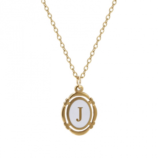 Bild von 1 Strang Umweltfreundliche PVD-Vakuumbeschichtung Stilvoll 18K Vergoldet Weiß 304 Edelstahl Kreuz Gliederketten Oval Anfangsbuchstabe/ Großbuchstabe Message " J " Emaille Anhänger Halskette Unisex 45cm + 5cm lang