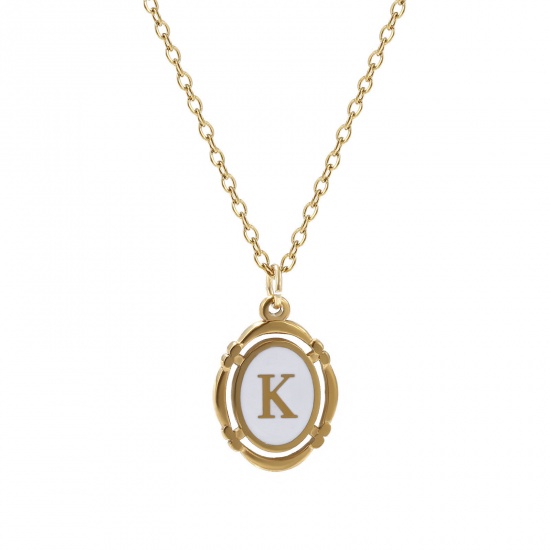 Bild von 1 Strang Umweltfreundliche PVD-Vakuumbeschichtung Stilvoll 18K Vergoldet Weiß 304 Edelstahl Kreuz Gliederketten Oval Anfangsbuchstabe/ Großbuchstabe Message " L " Emaille Anhänger Halskette Unisex 45cm + 5cm lang