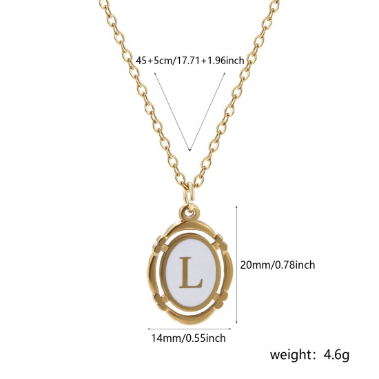 Bild von 1 Strang Umweltfreundliche PVD-Vakuumbeschichtung Stilvoll 18K Vergoldet Weiß 304 Edelstahl Kreuz Gliederketten Oval Anfangsbuchstabe/ Großbuchstabe Message " L " Emaille Anhänger Halskette Unisex 45cm + 5cm lang
