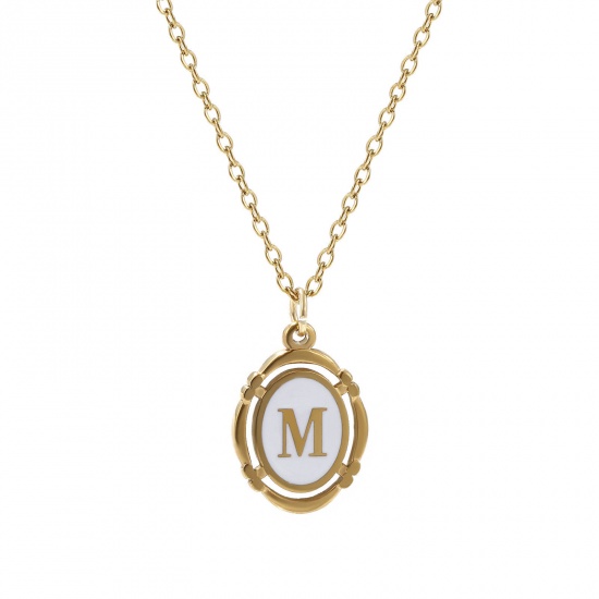 Bild von 1 Strang Umweltfreundliche PVD-Vakuumbeschichtung Stilvoll 18K Vergoldet Weiß 304 Edelstahl Kreuz Gliederketten Oval Anfangsbuchstabe/ Großbuchstabe Message " M " Emaille Anhänger Halskette Unisex 45cm + 5cm lang