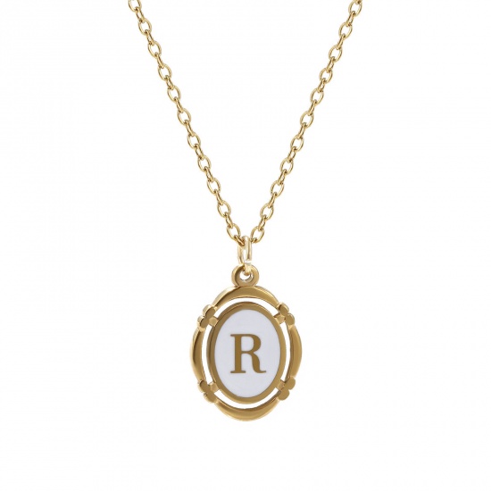 Bild von 1 Strang Umweltfreundliche PVD-Vakuumbeschichtung Stilvoll 18K Vergoldet Weiß 304 Edelstahl Kreuz Gliederketten Oval Anfangsbuchstabe/ Großbuchstabe Message " R " Emaille Anhänger Halskette Unisex 45cm + 5cm lang
