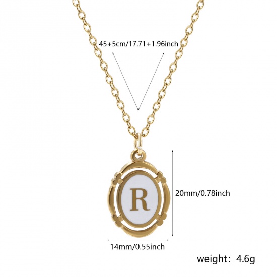 Bild von 1 Strang Umweltfreundliche PVD-Vakuumbeschichtung Stilvoll 18K Vergoldet Weiß 304 Edelstahl Kreuz Gliederketten Oval Anfangsbuchstabe/ Großbuchstabe Message " R " Emaille Anhänger Halskette Unisex 45cm + 5cm lang