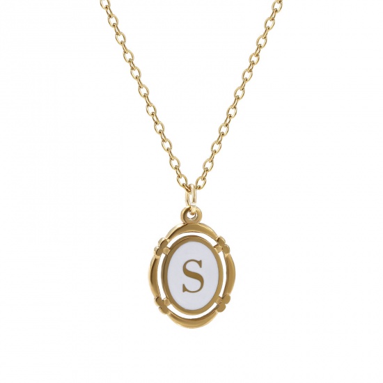 Bild von 1 Strang Umweltfreundliche PVD-Vakuumbeschichtung Stilvoll 18K Vergoldet Weiß 304 Edelstahl Kreuz Gliederketten Oval Anfangsbuchstabe/ Großbuchstabe Message " S " Emaille Anhänger Halskette Unisex 45cm + 5cm lang