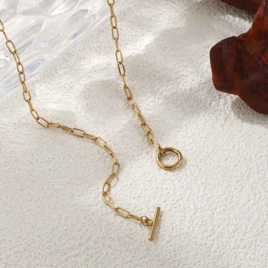 Bild von 1 Strang Umweltfreundliche PVD-Vakuumbeschichtung Minimalistisch 18K Echtgold plattiert 304 Edelstahl Büroklammerkette Mit Knebelverschluss Halskette Unisex Geschenk 45cm lang