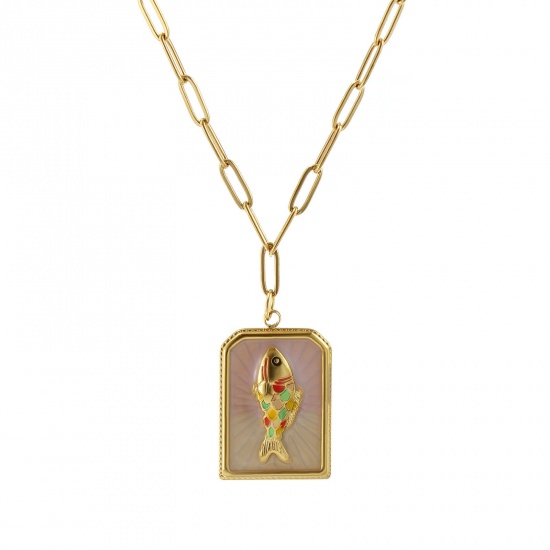 Picture of 1 Piece Eco-friendly PVD Vacuum Plating Exquisite Ocean Jewelry 18K Real Gold Plated Beige 304 Stainless Steel Paperclip Link Chain Rectangle Fish Pendant Charm Necklace For Women Gift 42cm(16.5") + 5cm(2") long