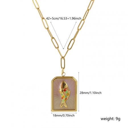 Picture of Wholesale Rectangle Fish Beige Pendant Charm Necklace, 18K Real Gold Plated 304 Stainless Steel Paperclip Link Chain, Women's Eco-friendly PVD Vacuum Plating Waterproof Anti-Tarnish Hypoallergenic Ocean Jewelry Exquisite Gift Jewelry For Retailer, 42cm(16.5") + 5cm(2") long, 1 Piece