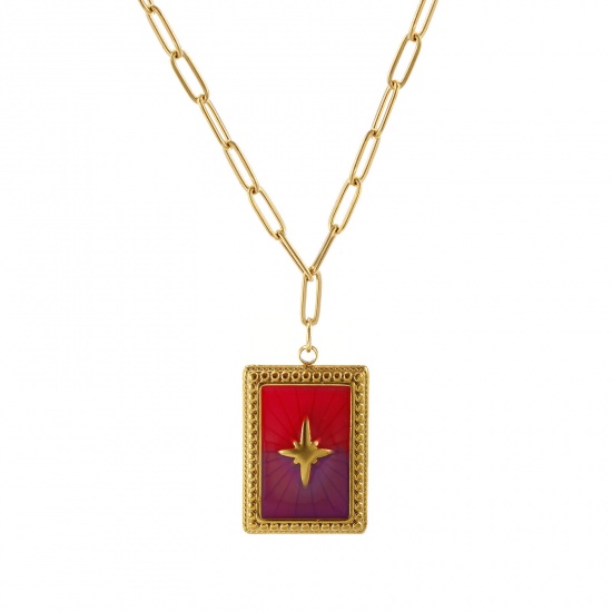 Picture of 1 Piece Eco-friendly PVD Vacuum Plating Exquisite Galaxy 18K Real Gold Plated Fuchsia 304 Stainless Steel Paperclip Link Chain Rectangle Star Pendant Charm Necklace For Women Gift 42cm(16.5") + 5cm(2") long