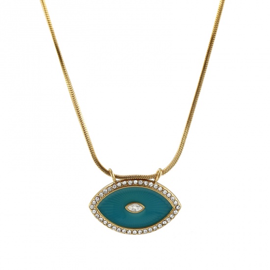 Bild von 1 Strang Umweltfreundliche PVD-Vakuumbeschichtung Exquisit 18K Echtgold plattiert Pfau Grün 304 Edelstahl & Zirkon Schlangenkette Auge Anhänger Halskette Für Frauen Geschenk 45cm lang