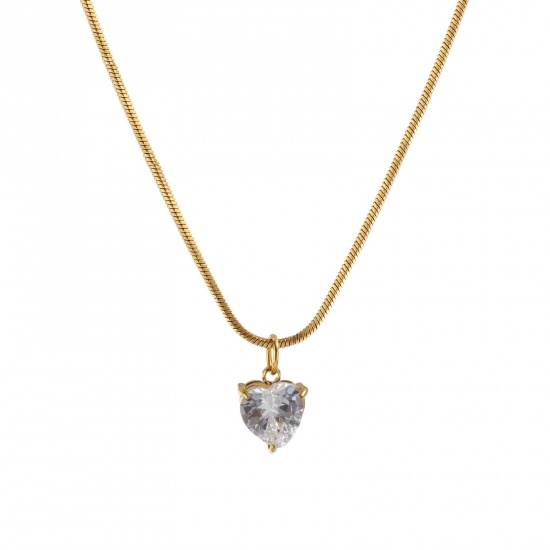 1 Piece Eco-friendly PVD Vacuum Plating Stylish Geometric 18K Real Gold Plated Transparent Clear 304 Stainless Steel & Cubic Zirconia Snake Chain Heart Pendant Charm Necklace For Women Gift 45cm(17.7") long の画像