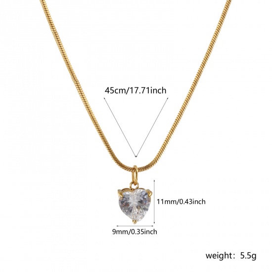 1 Piece Eco-friendly PVD Vacuum Plating Stylish Geometric 18K Real Gold Plated Transparent Clear 304 Stainless Steel & Cubic Zirconia Snake Chain Heart Pendant Charm Necklace For Women Gift 45cm(17.7") long の画像