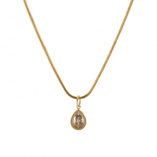 1 Piece Eco-friendly PVD Vacuum Plating Stylish Geometric 18K Real Gold Plated Transparent Clear 304 Stainless Steel & Cubic Zirconia Snake Chain Drop Pendant Charm Necklace For Women Gift 45cm(17.7") long の画像