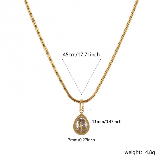1 Piece Eco-friendly PVD Vacuum Plating Stylish Geometric 18K Real Gold Plated Transparent Clear 304 Stainless Steel & Cubic Zirconia Snake Chain Drop Pendant Charm Necklace For Women Gift 45cm(17.7") long の画像