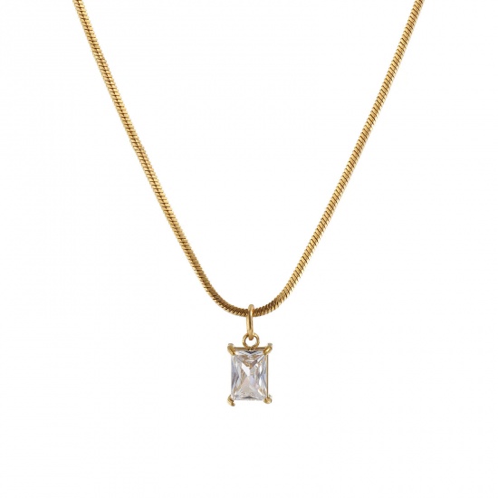 1 Piece Eco-friendly PVD Vacuum Plating Stylish Geometric 18K Real Gold Plated Transparent Clear 304 Stainless Steel & Cubic Zirconia Snake Chain Rectangle Pendant Charm Necklace For Women Gift 45cm(17.7") long の画像
