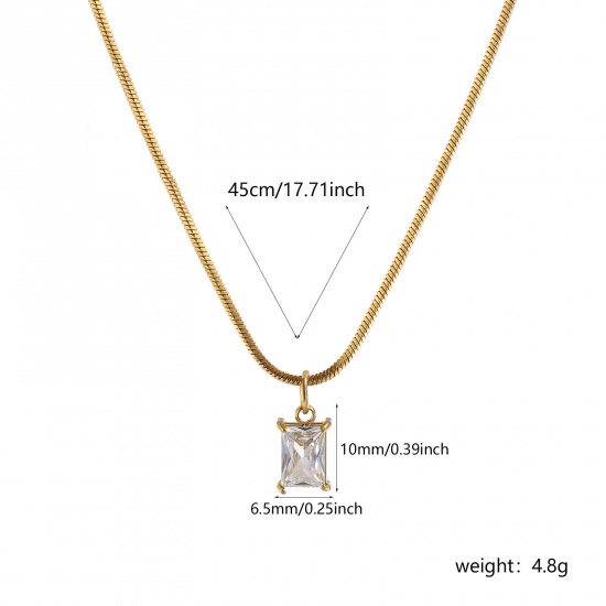 1 Piece Eco-friendly PVD Vacuum Plating Stylish Geometric 18K Real Gold Plated Transparent Clear 304 Stainless Steel & Cubic Zirconia Snake Chain Rectangle Pendant Charm Necklace For Women Gift 45cm(17.7") long の画像