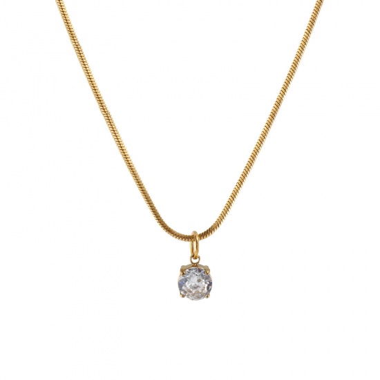 1 Piece Eco-friendly PVD Vacuum Plating Stylish Geometric 18K Real Gold Plated Transparent Clear 304 Stainless Steel & Cubic Zirconia Snake Chain Round Pendant Charm Necklace For Women Gift 45cm(17.7") long の画像
