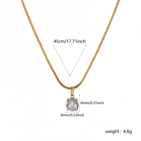 1 Piece Eco-friendly PVD Vacuum Plating Stylish Geometric 18K Real Gold Plated Transparent Clear 304 Stainless Steel & Cubic Zirconia Snake Chain Round Pendant Charm Necklace For Women Gift 45cm(17.7") long の画像