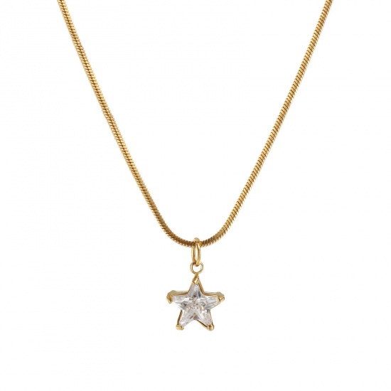 1 Piece Eco-friendly PVD Vacuum Plating Stylish Geometric 18K Real Gold Plated Transparent Clear 304 Stainless Steel & Cubic Zirconia Snake Chain Pentagram Star Pendant Charm Necklace For Women Gift 45cm(17.7") long の画像