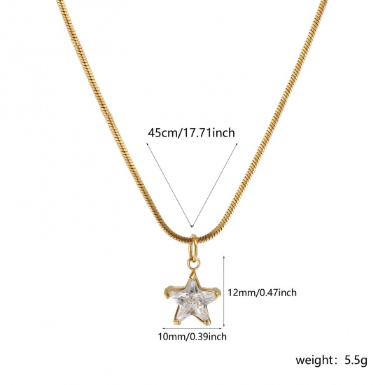 1 Piece Eco-friendly PVD Vacuum Plating Stylish Geometric 18K Real Gold Plated Transparent Clear 304 Stainless Steel & Cubic Zirconia Snake Chain Pentagram Star Pendant Charm Necklace For Women Gift 45cm(17.7") long の画像