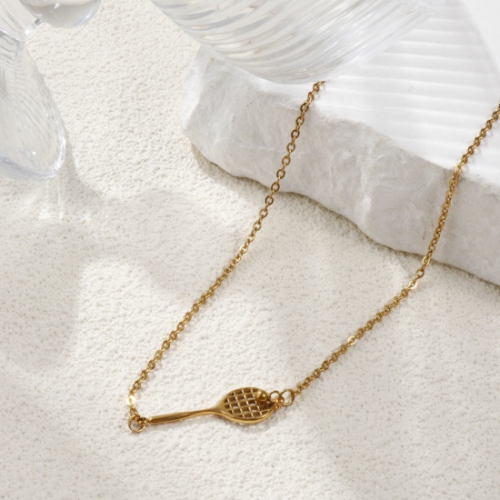 Bild von 18K Echtgold plattiert Kreuz Gliederketten Schläger Anhänger Halskette, 304 Edelstahl 45cm + 5cm, Unisex, Stilvoll Sport Geschenk, Umweltfreundliche PVD-Vakuumbeschichtung, 1 Strang