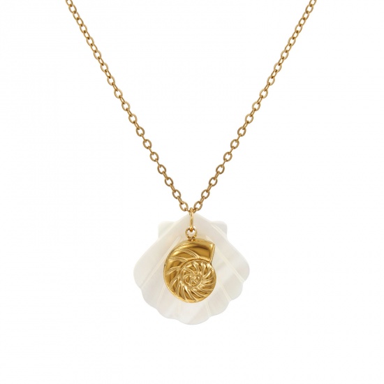 Immagine di 18K Vero Oro Placcato Catena a Cavo Conchiglia Collana con Ciondolo, 304 Acciaio Inossidabile & Conchiglie Naturali 45cm + 5cm, Per Donne, 3D, Squisito Gioielli Oceanici Regalo, Placcatura Sottovuoto PVD Ecologica, 1 Pz
