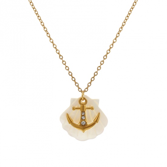 Immagine di 18K Vero Oro Placcato Catena a Cavo Conchiglia Collana con Ciondolo, 304 Acciaio Inossidabile & Conchiglie Naturali 45cm + 5cm, Per Donne, Trasparente Strass Ancora Squisito Regalo, Placcatura Sottovuoto PVD Ecologica, 1 Pz